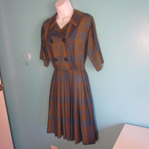 Vintage 50's Dress Serbin of Florida Muriel Ryan Fits Size M Blue Green Plaid - Picture 14 of 14